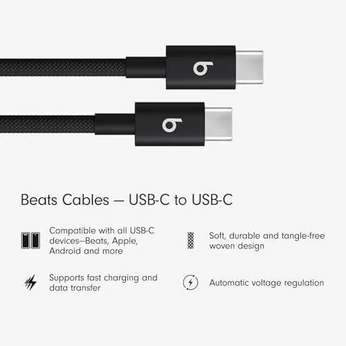 Beats USB-C to USB-C Woven Cable 2 Pack Fast Charging Durable/Tangle-Free Compatible Charger for Apple & Android Devices (1.5 m, 5 ft) - Bolt Black