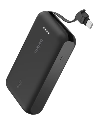 Belkin Portable Charger, Power Bank 10,000mAh with Integrated Cable - 20W Fast Charge USB-C Power Delivery, Portable iPhone Charger for iPhone 16, iPad, Galaxy S25, Nintendo Switch 2 & More - Black