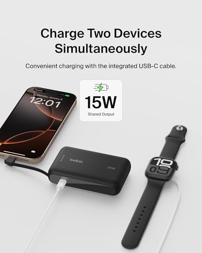 Belkin Portable Charger, Power Bank 10,000mAh with Integrated Cable - 20W Fast Charge USB-C Power Delivery, Portable iPhone Charger for iPhone 16, iPad, Galaxy S25, Nintendo Switch 2 & More - Black